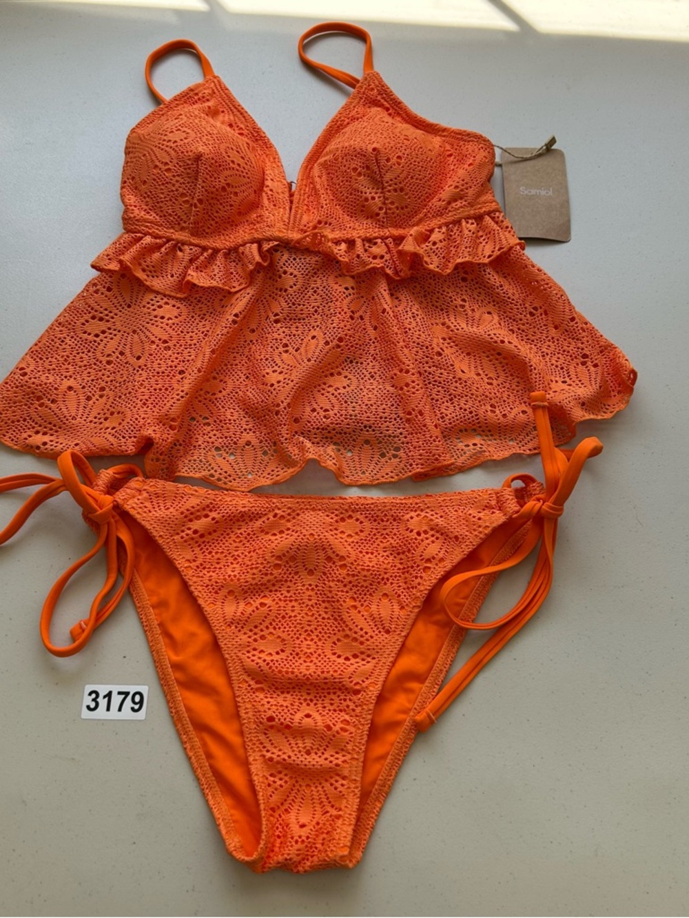Samiol Orange Crochet Ruffle Tankini Bikini Set